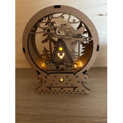 Christmas Wooden Snow Globe With LED Light. Featuring a Christmas Scene With Santas Sleigh, Reindeer, Trees and Cabin. UK