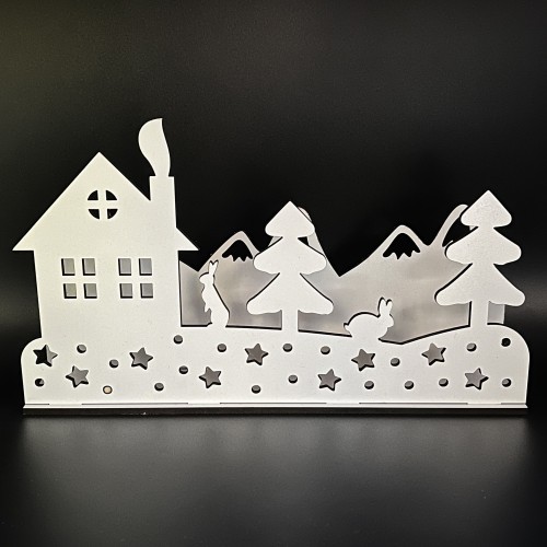 White Wood Christmas Scene Featuring Houses and Trees Ideal for Windowsill or Mantlepiece UK