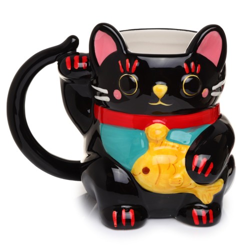 Ceramic Black Maneki Neko Lucky Cat Shaped Collectable Mug