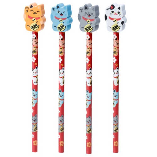 Fun Lucky Cat Maneki Neko Pencil and Eraser Set