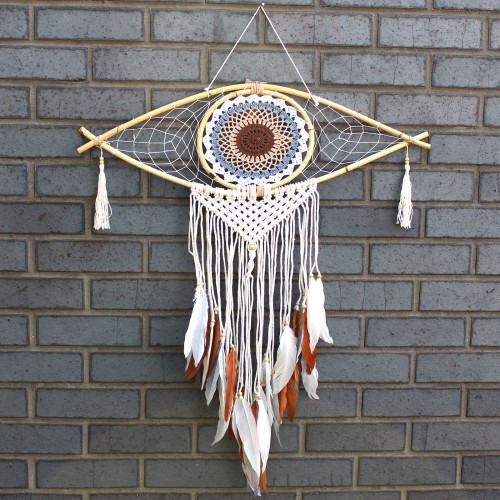 Protection Dream Catcher - Lrg Macrame Evil Eye White/ Grey/Brown Protection Dream Catcher - Lrg Macrame Evil Eye White/ Grey/Brown