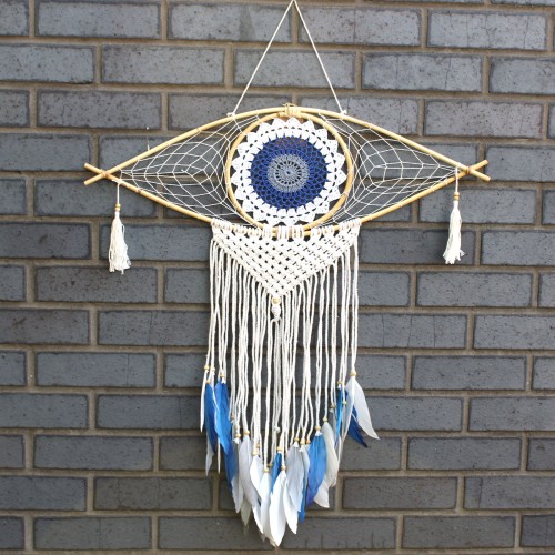 Protection Dream Catcher  - Lrg Macrame Evil Eye White/ Blue/Grey Protection Dream Catcher  - Lrg Macrame Evil Eye White/ Blue/Grey