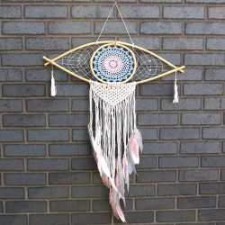 Protection Dream Catcher - Lrg Macrame Eye Blue/ White/Pink