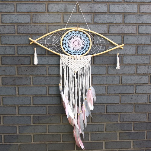 Protection Dream Catcher - Lrg Macrame Eye Blue/ White/Pink Protection Dream Catcher - Lrg Macrame Eye Blue/ White/Pink