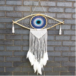 Protection Dream Catcher - Lrg Macrame Evil Eye Blue/White/Black