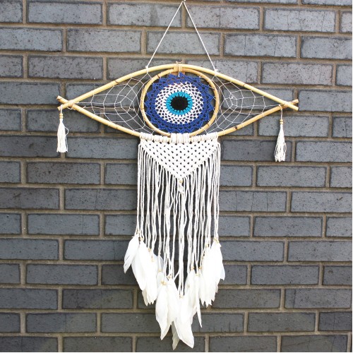 Protection Dream Catcher - Lrg Macrame Evil Eye Blue/White/Black Protection Dream Catcher - Lrg Macrame Evil Eye Blue/White/Black