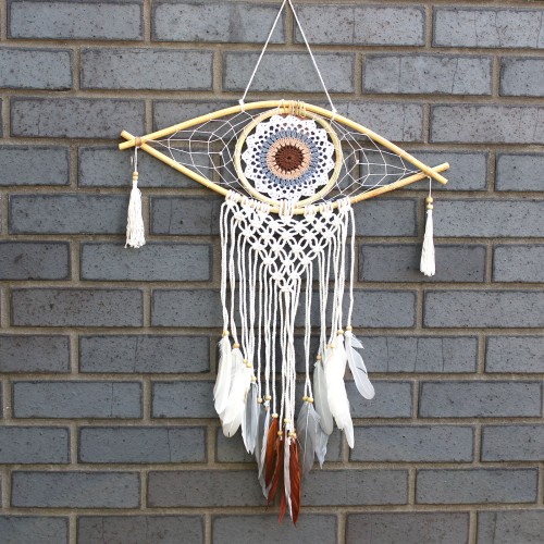 Protection Dream Catcher - Med Macrame Evil Eye White/ Grey/Brown Protection Dream Catcher - Med Macrame Evil Eye White/ Grey/Brown