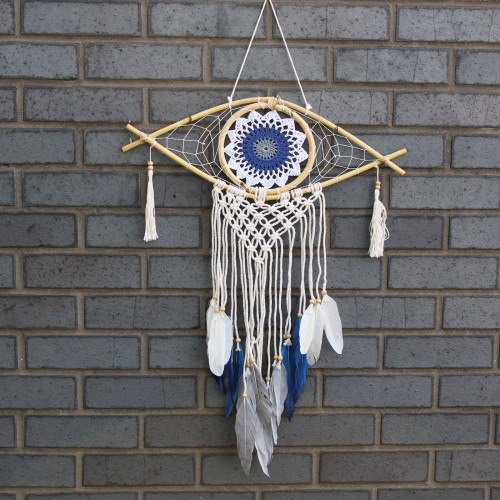 Protection Dream Catcher - Med Macrame Evil Eye White/ Blue/Grey Protection Dream Catcher - Med Macrame Evil Eye White/ Blue/Grey