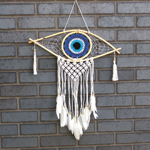 Protection Dream Catcher - Med Macrame Evil Eye Blue/White/Black Protection Dream Catcher - Med Macrame Evil Eye Blue/White/Black