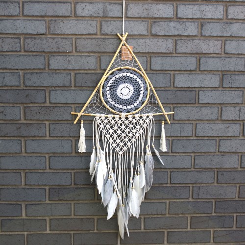 Protection Dream Catcher - Lrg Macrame Pyramid White/Grey Protection Dream Catcher - Lrg Macrame Pyramid White/Grey