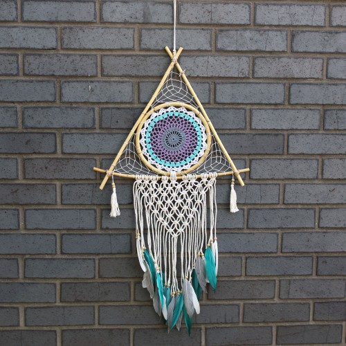 Protection Dream Catcher - Lrg Macrame Pyramid White/Turquoise Protection Dream Catcher - Lrg Macrame Pyramid White/Turquoise