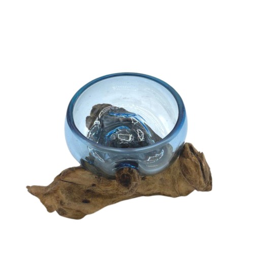 Molton Glass Mini Blue Bowl on Wood Molton Glass Mini Blue Bowl on Wood