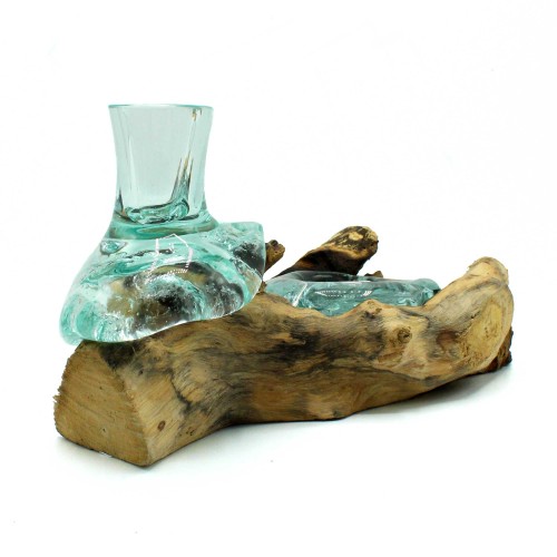 Molten Glass Small Flower Vase and Tealight Holder on Wood Molten Glass Small Flower Vase and Tealight Holder on Wood